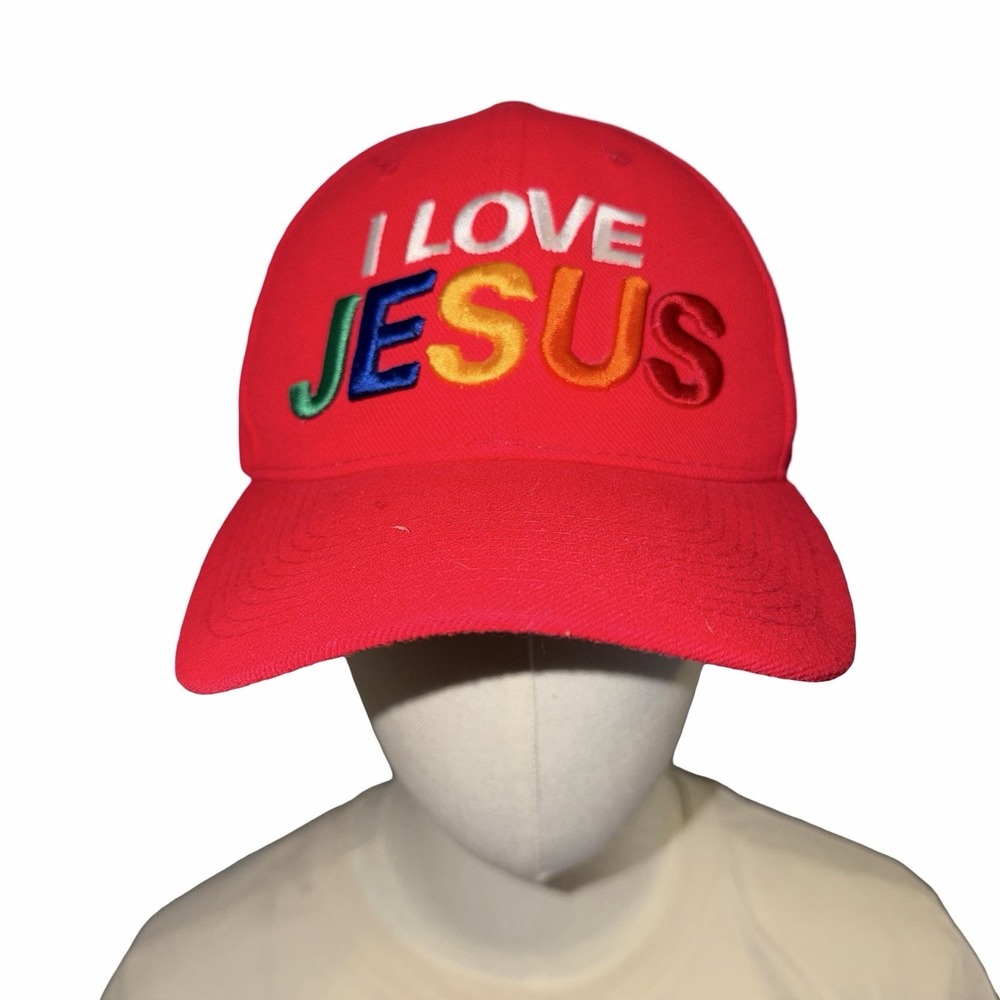 "I LOVE JESUS" embroidered in multi-colored 3D letters‎ Red Baseball Cap